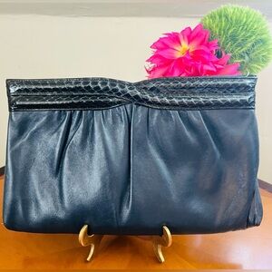 Vintage Navy Blue Leather Pleated Convertible Clutch w/ Lizard-Embossed Trim